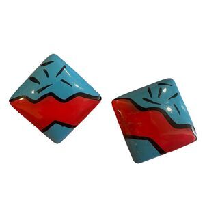 Vtg 1980s Memphis Style Geometric Square Post Earrings Blue Red Abstract Pop Art